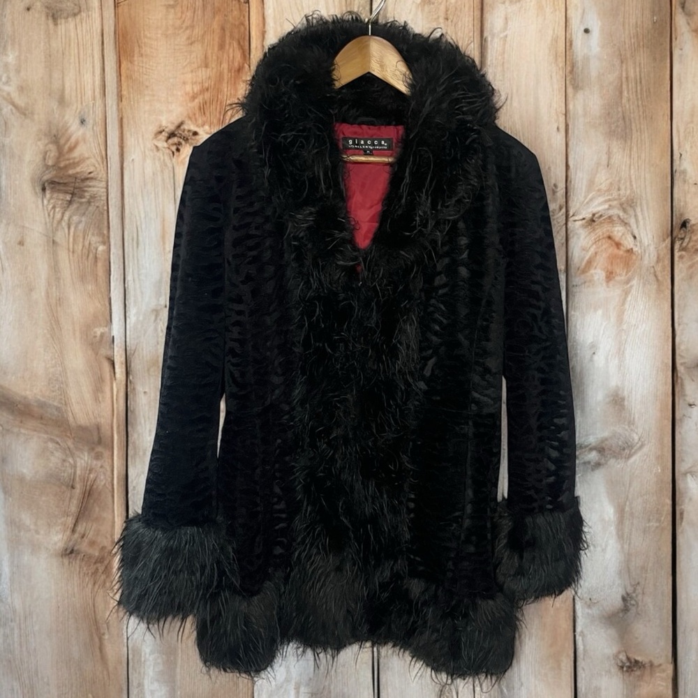 90’s Y2K Giacca Gallery Penny Lane Med Black Velvet Faux Fur Coat Gothic Zebra